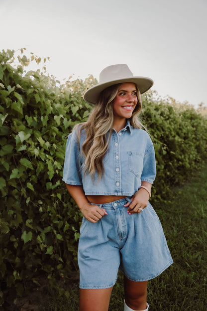 Crop Denim Shirt and Short Set