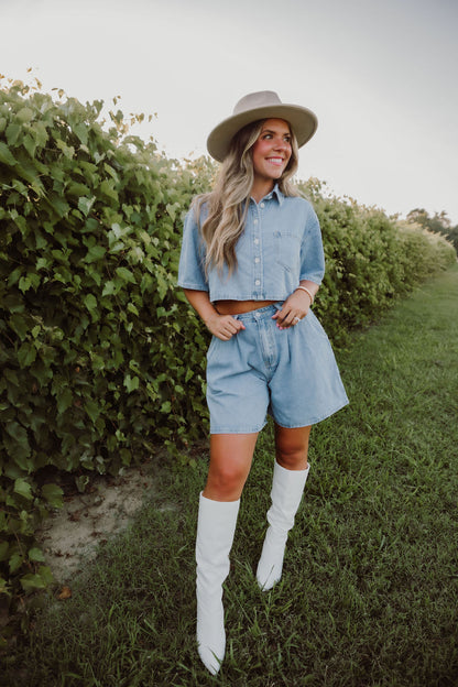 Crop Denim Shirt and Short Set