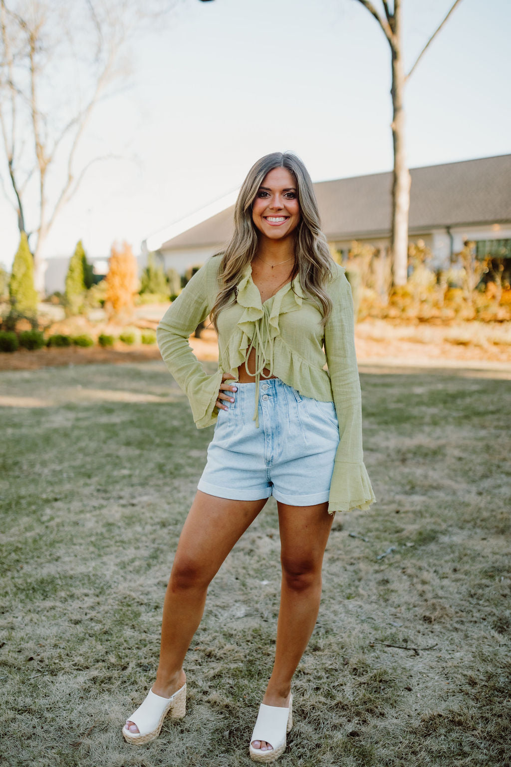 Cotton Ruffle Tie Front Top