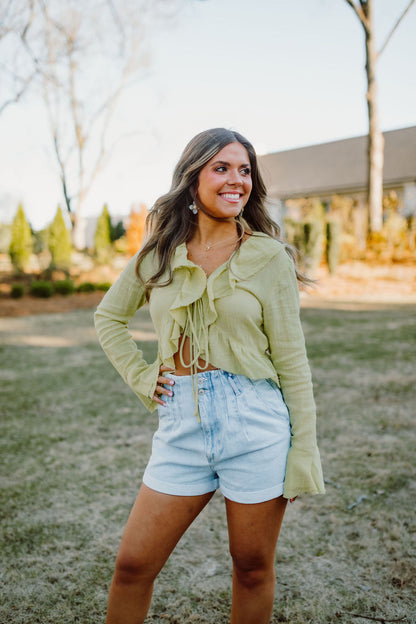 Cotton Ruffle Tie Front Top