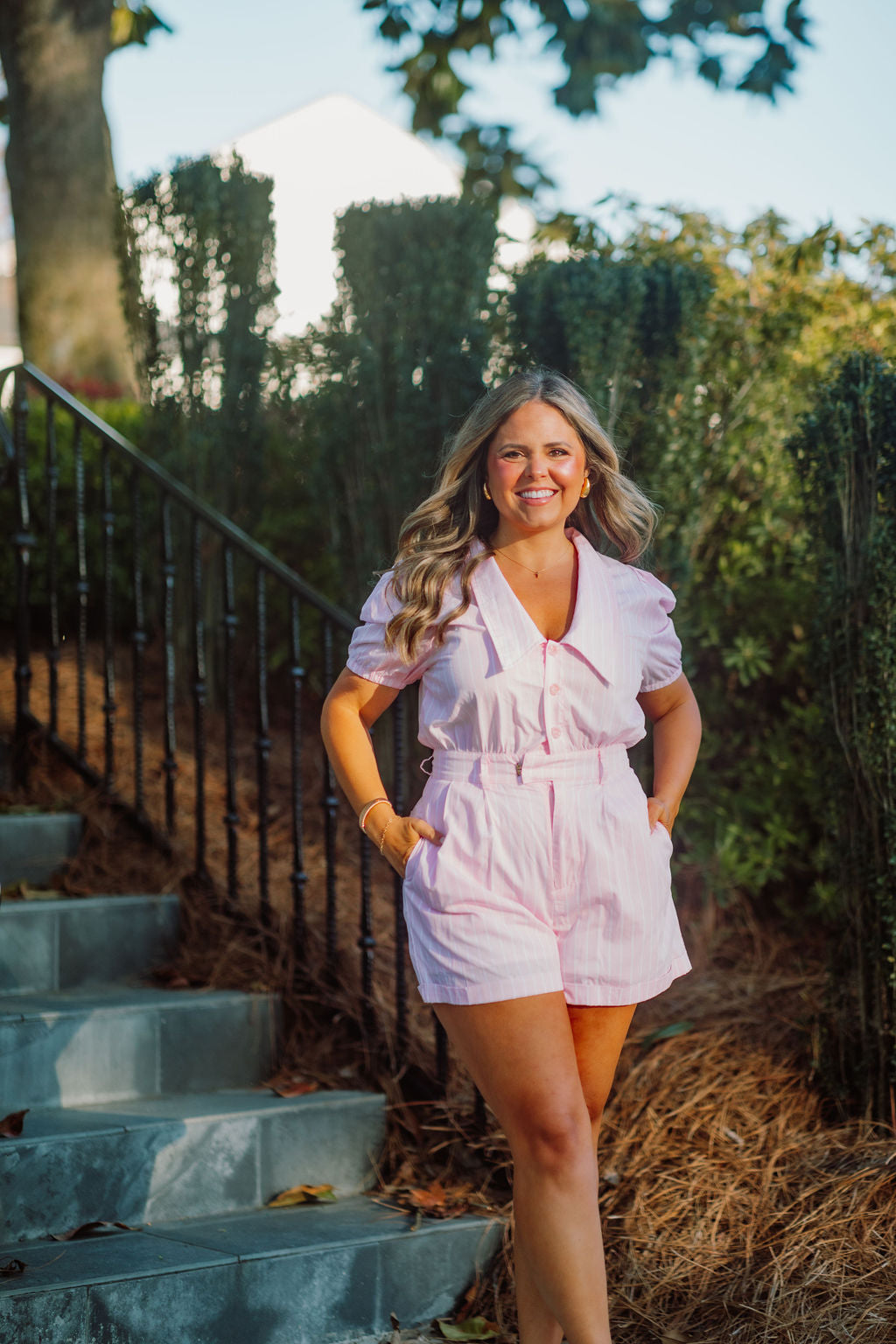 Striped Puff Sleeve Button Down Romper