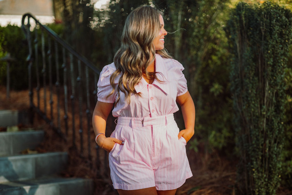 Striped Puff Sleeve Button Down Romper