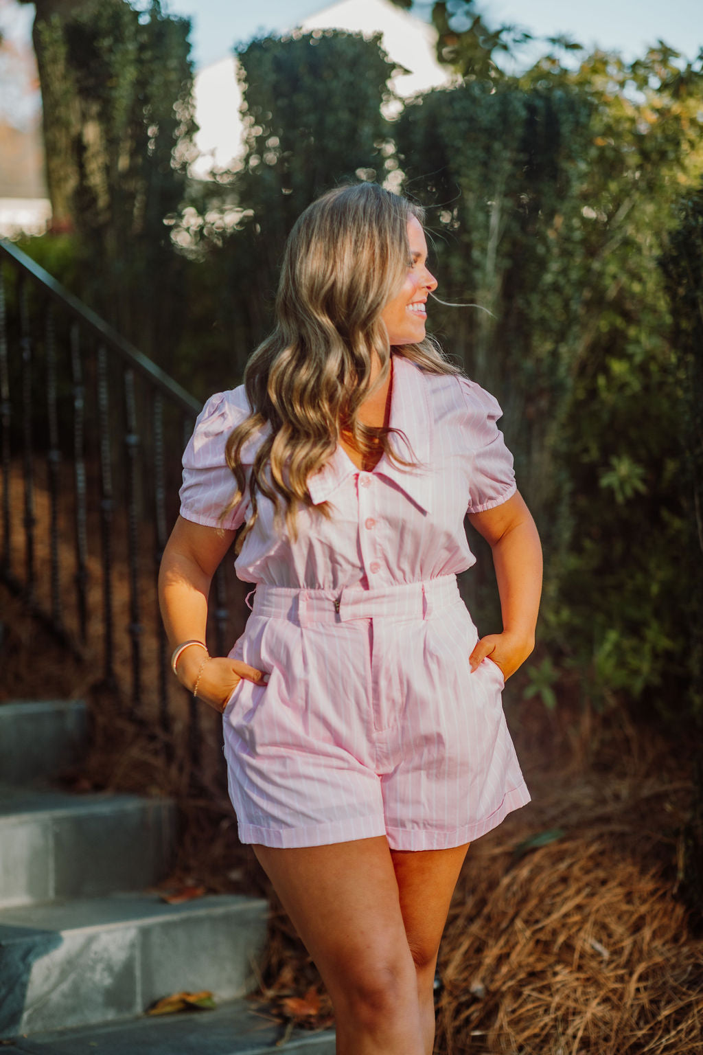 Striped Puff Sleeve Button Down Romper