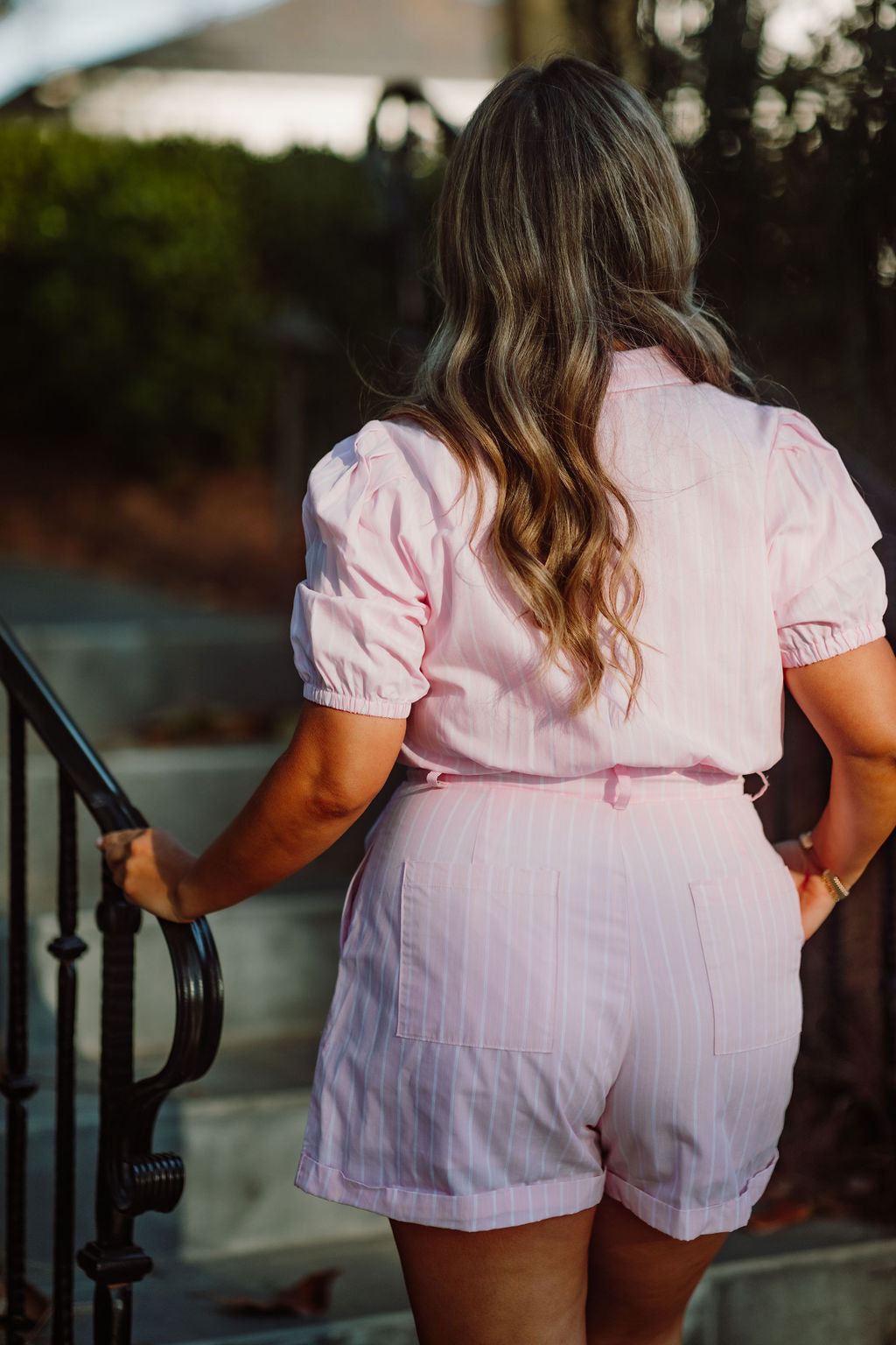 Striped Puff Sleeve Button Down Romper