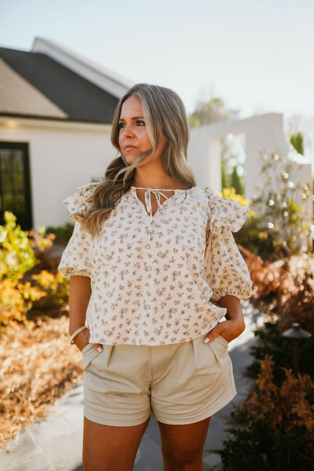 Floral Print Ruffle Shoulder Top