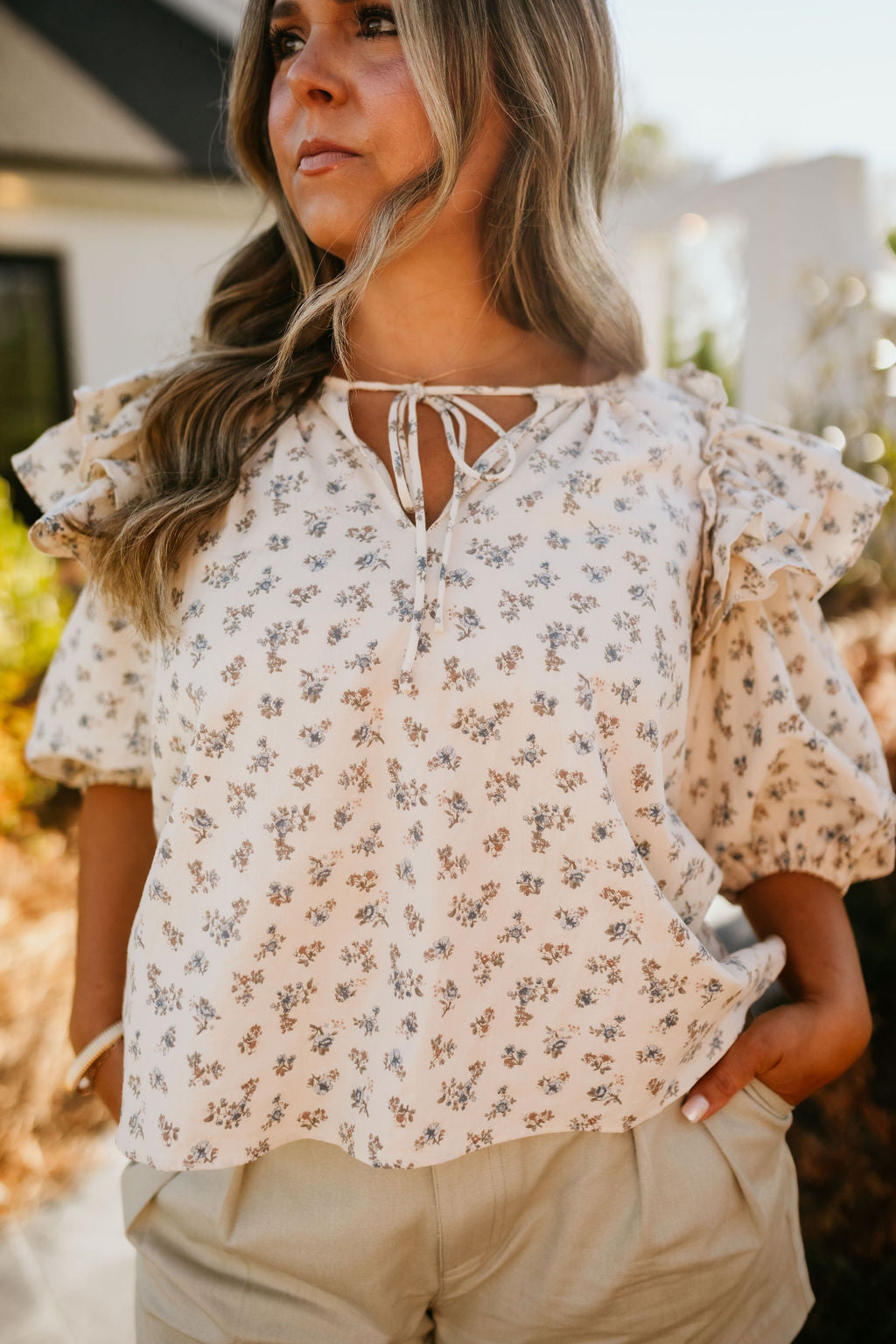 Floral Print Ruffle Shoulder Top