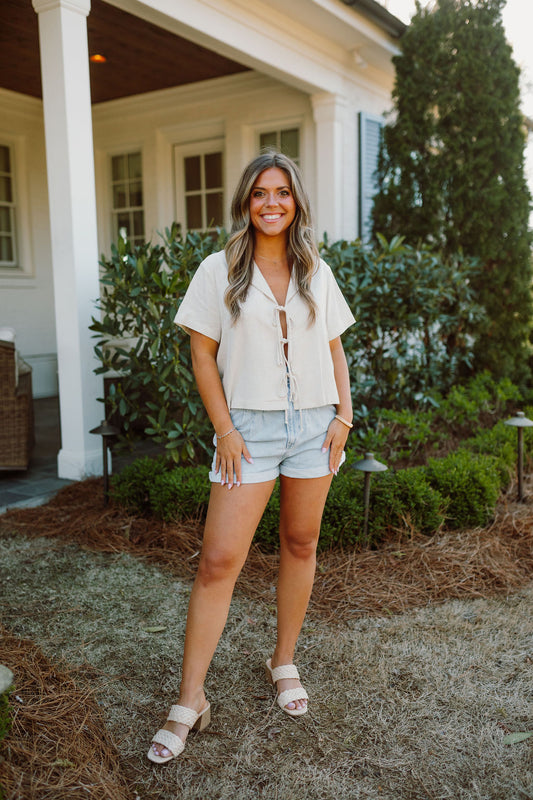 Nico Linen Short Sleeve Tie Blouse