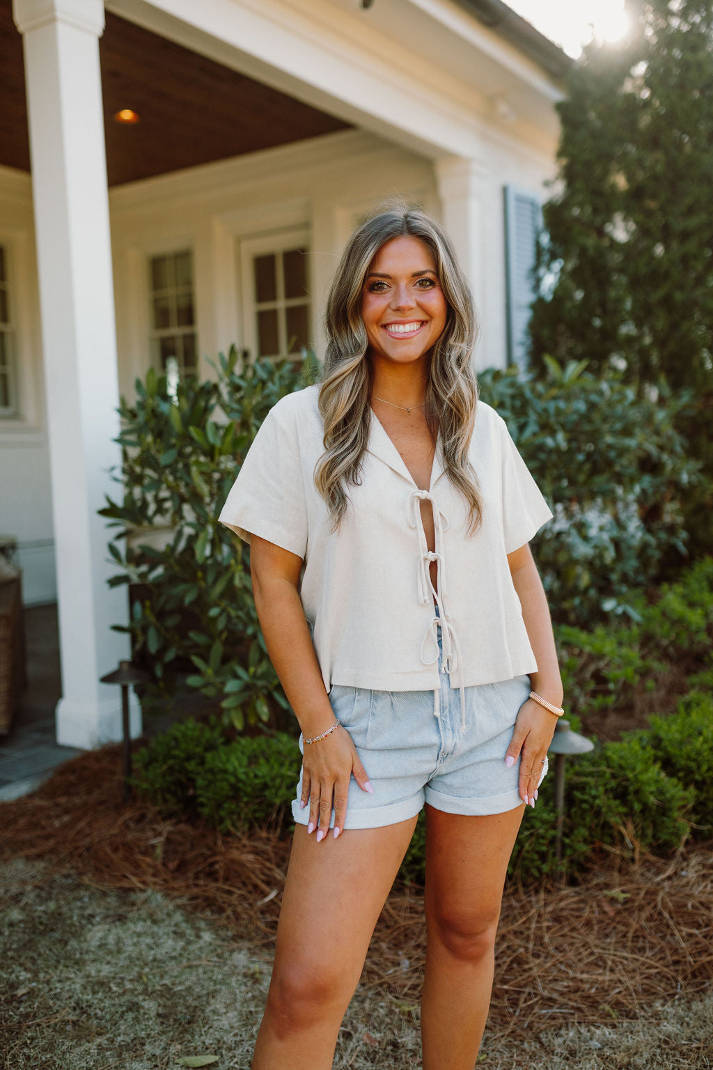 Nico Linen Short Sleeve Tie Blouse