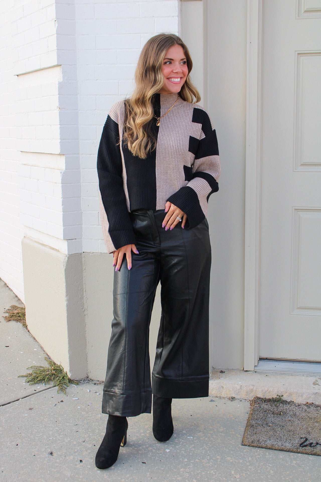 Color Block Mock Turtleneck Sweater