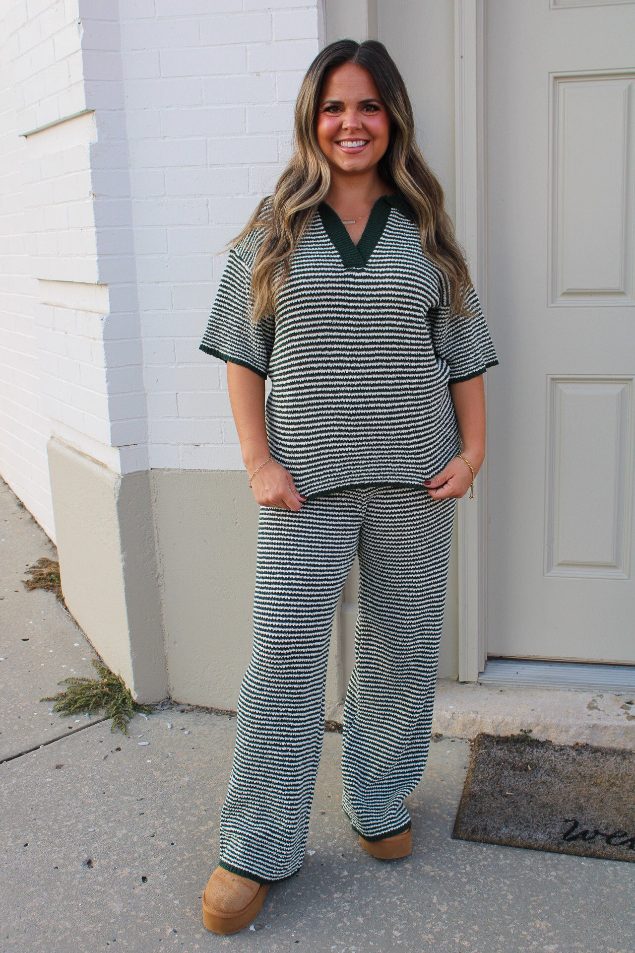 Short Sleeve Sweater Top and Pants Set